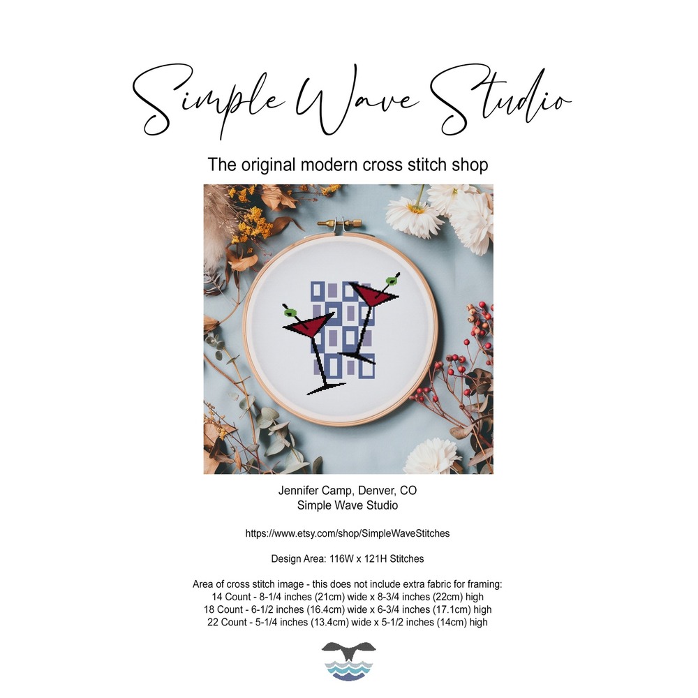 Retro Martini Glasses Bar Art Counted Cross Stitch Pattern‎ Chart